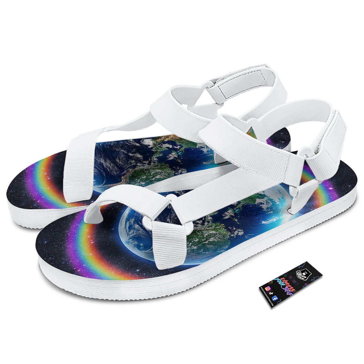 Rainbow The Earth Print White Open Toe Sandals-grizzshop
