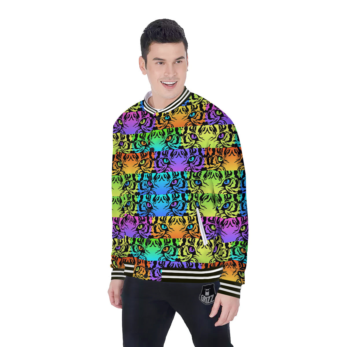 Rainbow Tiger Eyes Print Pattern Baseball Jacket-grizzshop
