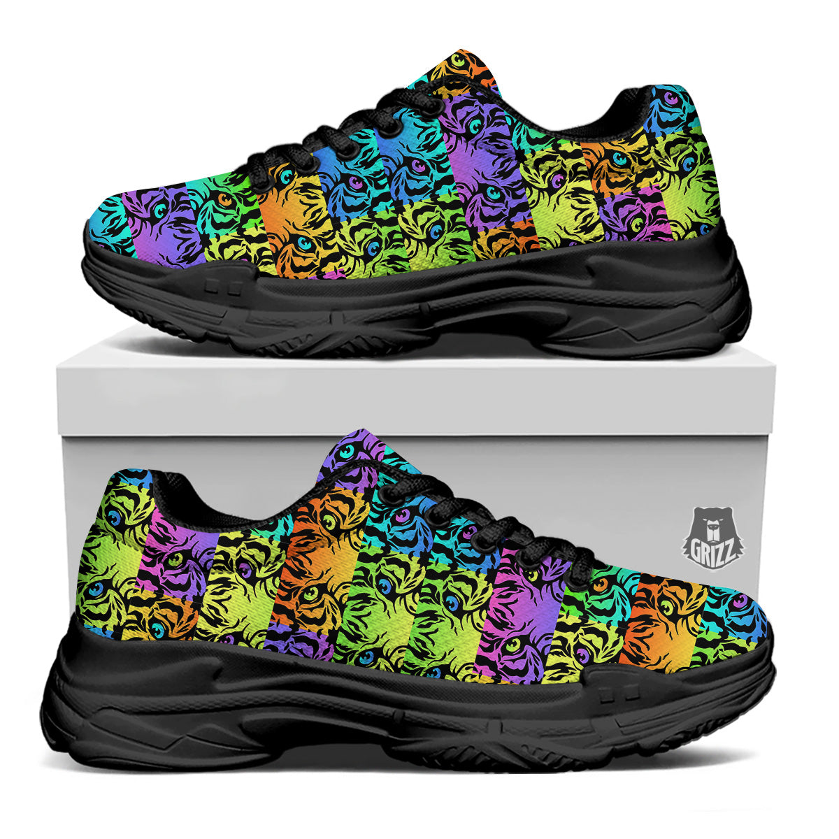Rainbow Tiger Eyes Print Pattern Black Chunky Shoes-grizzshop