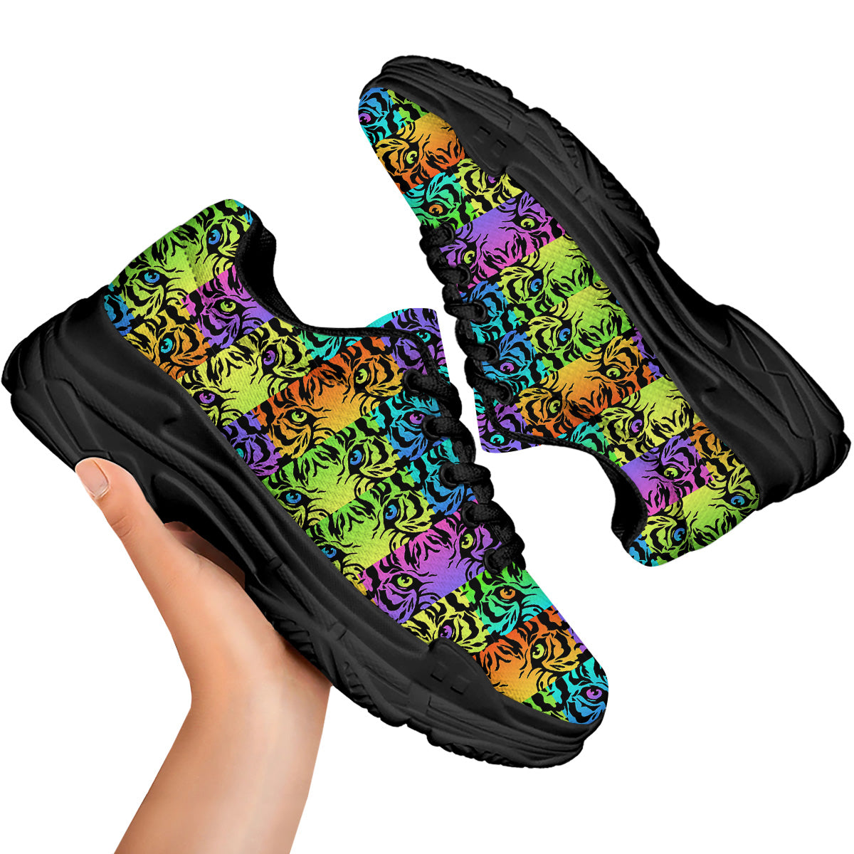 Rainbow Tiger Eyes Print Pattern Black Chunky Shoes-grizzshop