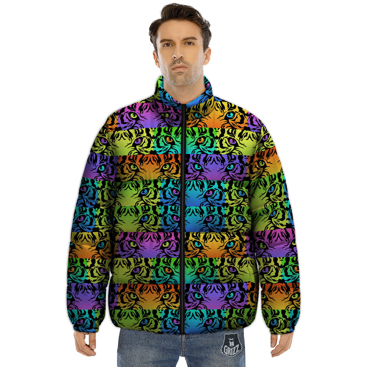 Rainbow Tiger Eyes Print Pattern Puffer Jacket-grizzshop