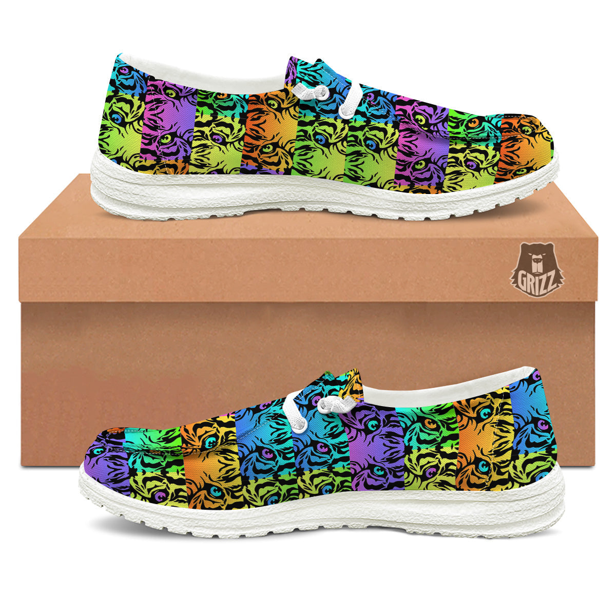 Rainbow Tiger Eyes Print Pattern White Loafers-grizzshop