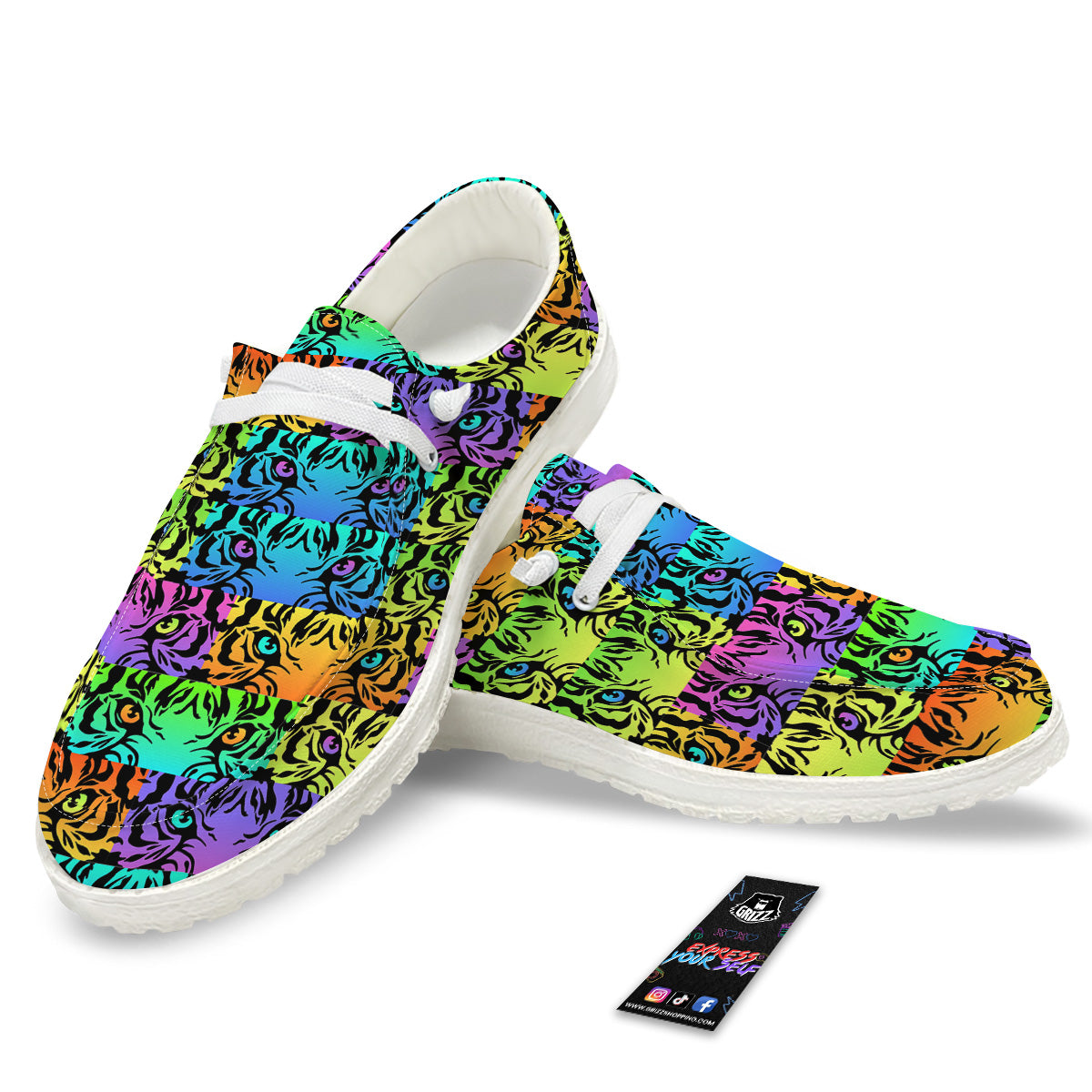 Rainbow Tiger Eyes Print Pattern White Loafers-grizzshop