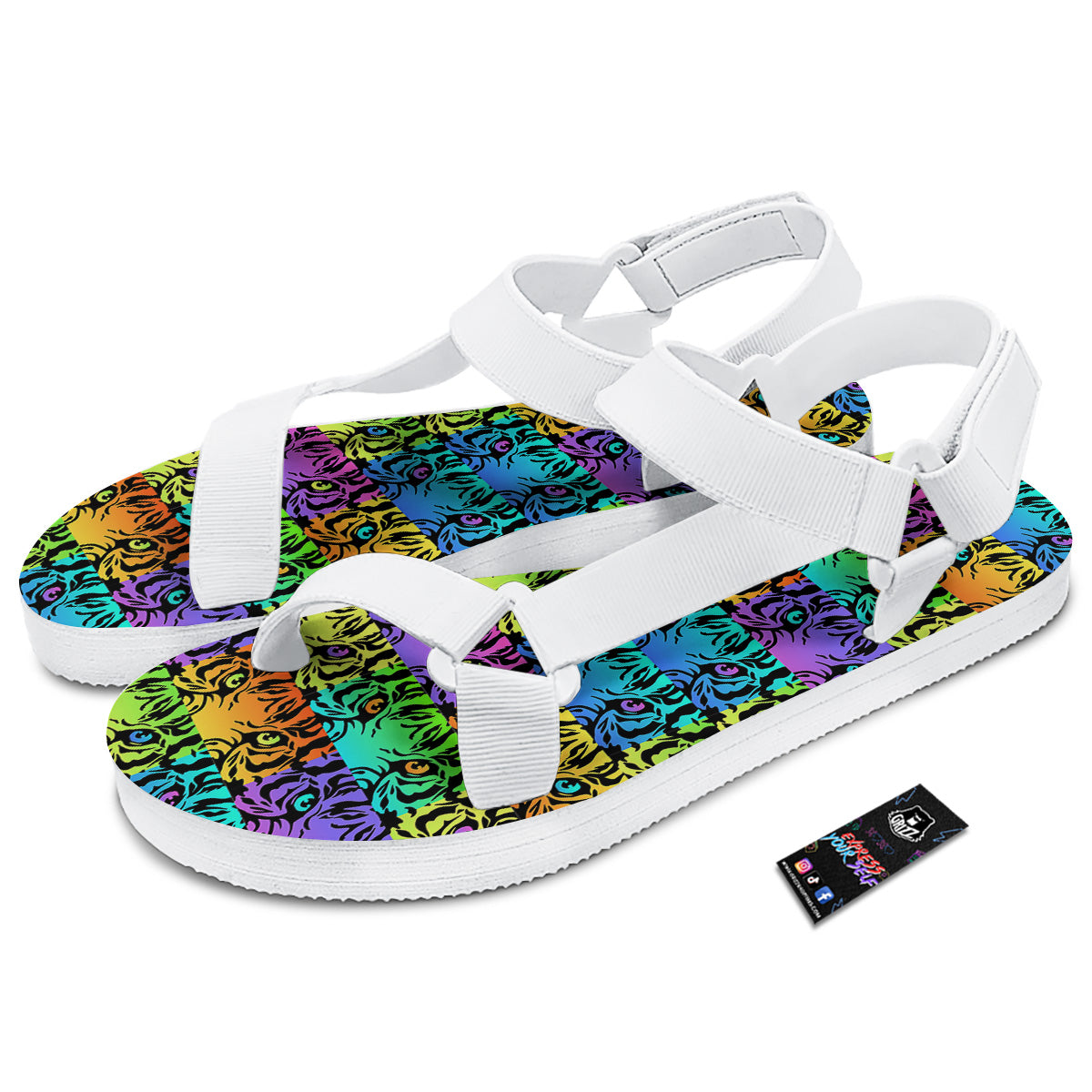 Rainbow Tiger Eyes Print Pattern White Open Toe Sandals-grizzshop