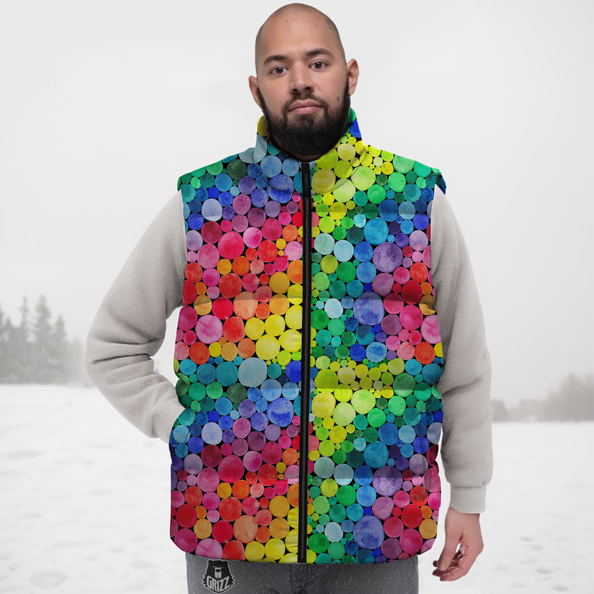 Rainbow Watercolor Print Pattern Down Vest
