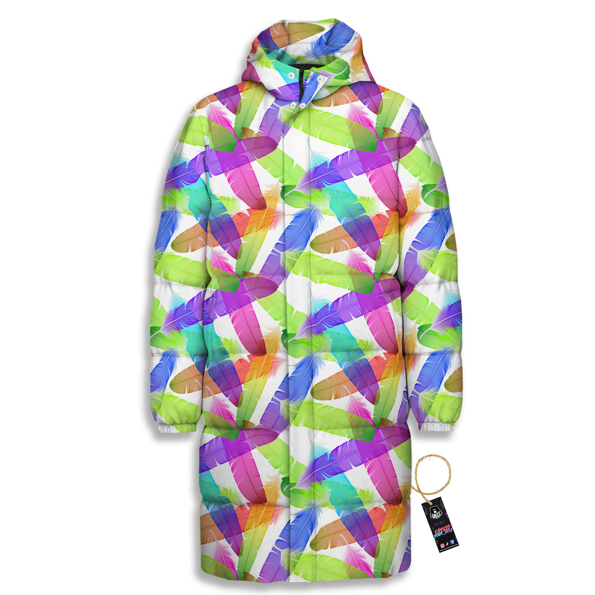 Rainbow Color Feather Print Pattern Long Down Jacket
