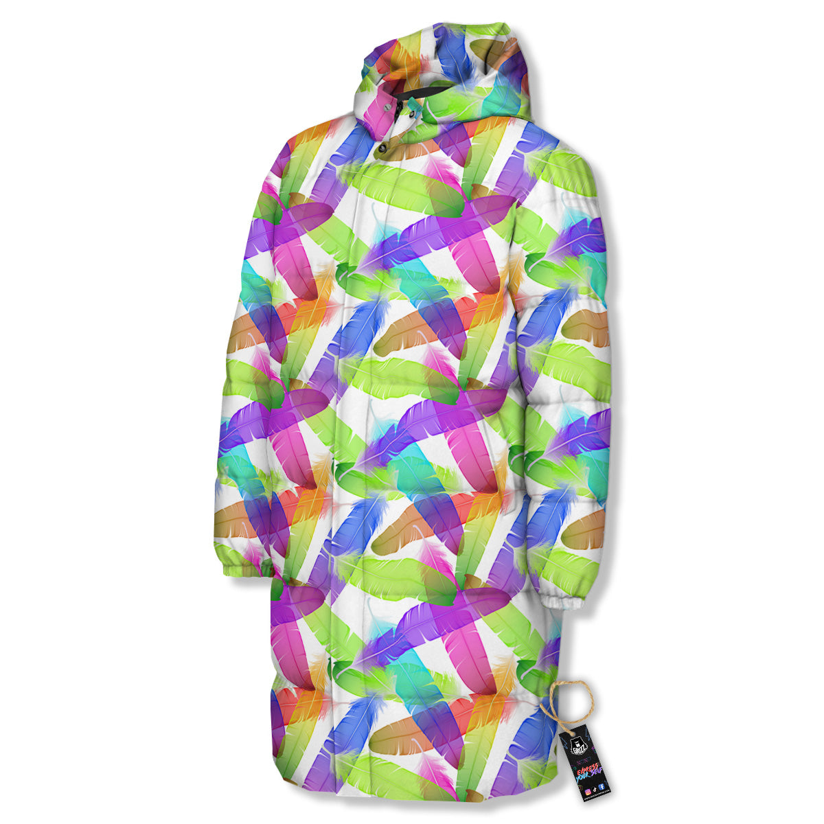 Rainbow Color Feather Print Pattern Long Down Jacket