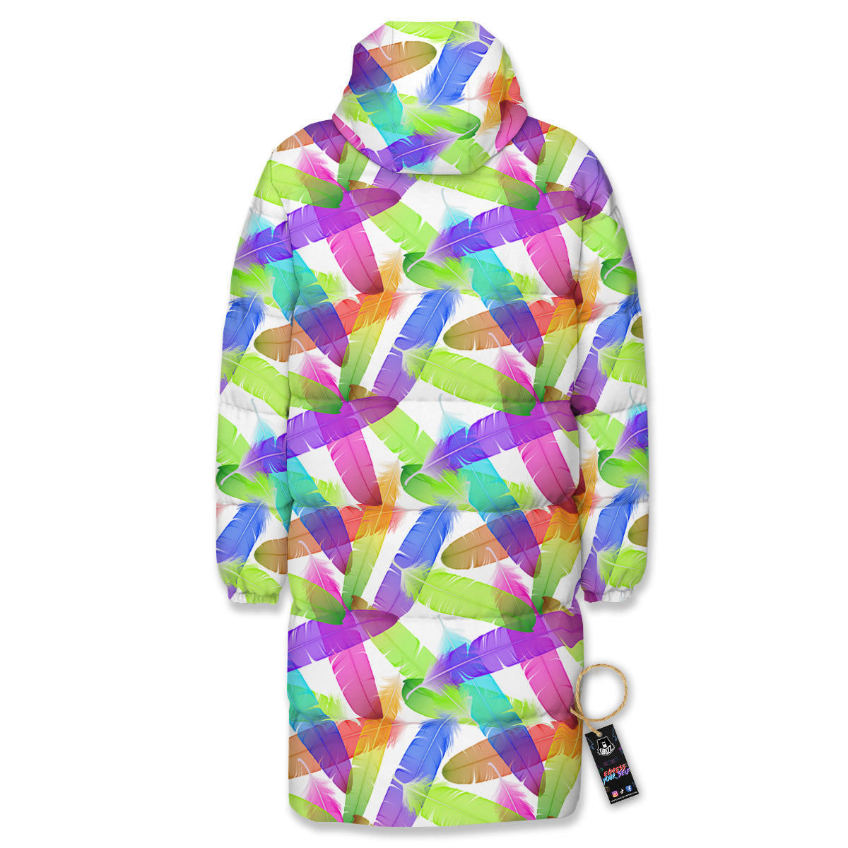 Rainbow Color Feather Print Pattern Long Down Jacket