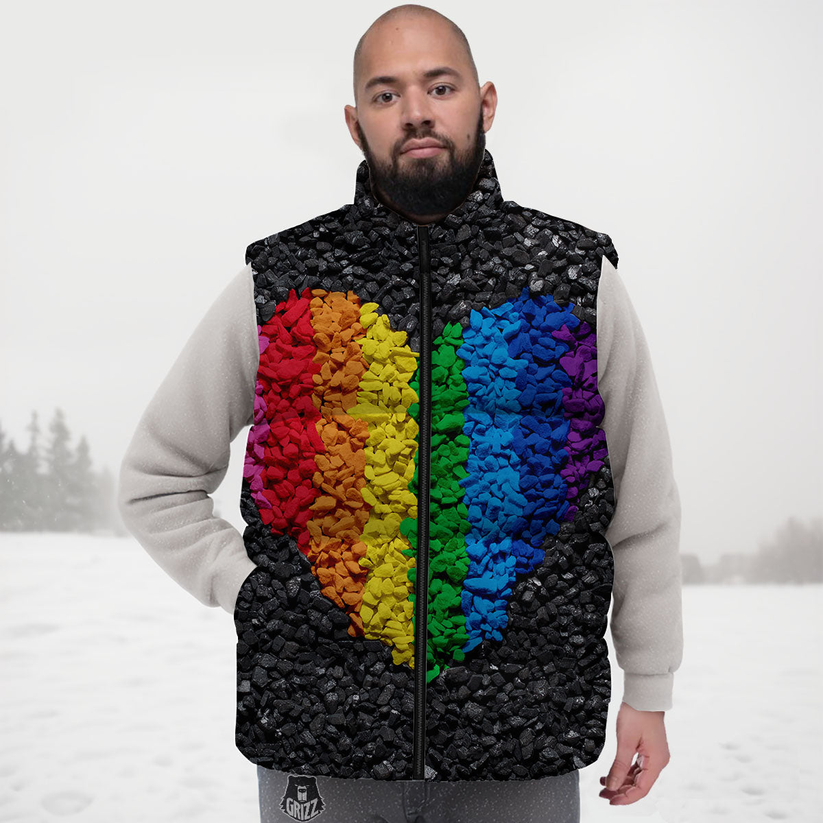 Rainbow Heart Stones LGBT Pride Print Down Vest