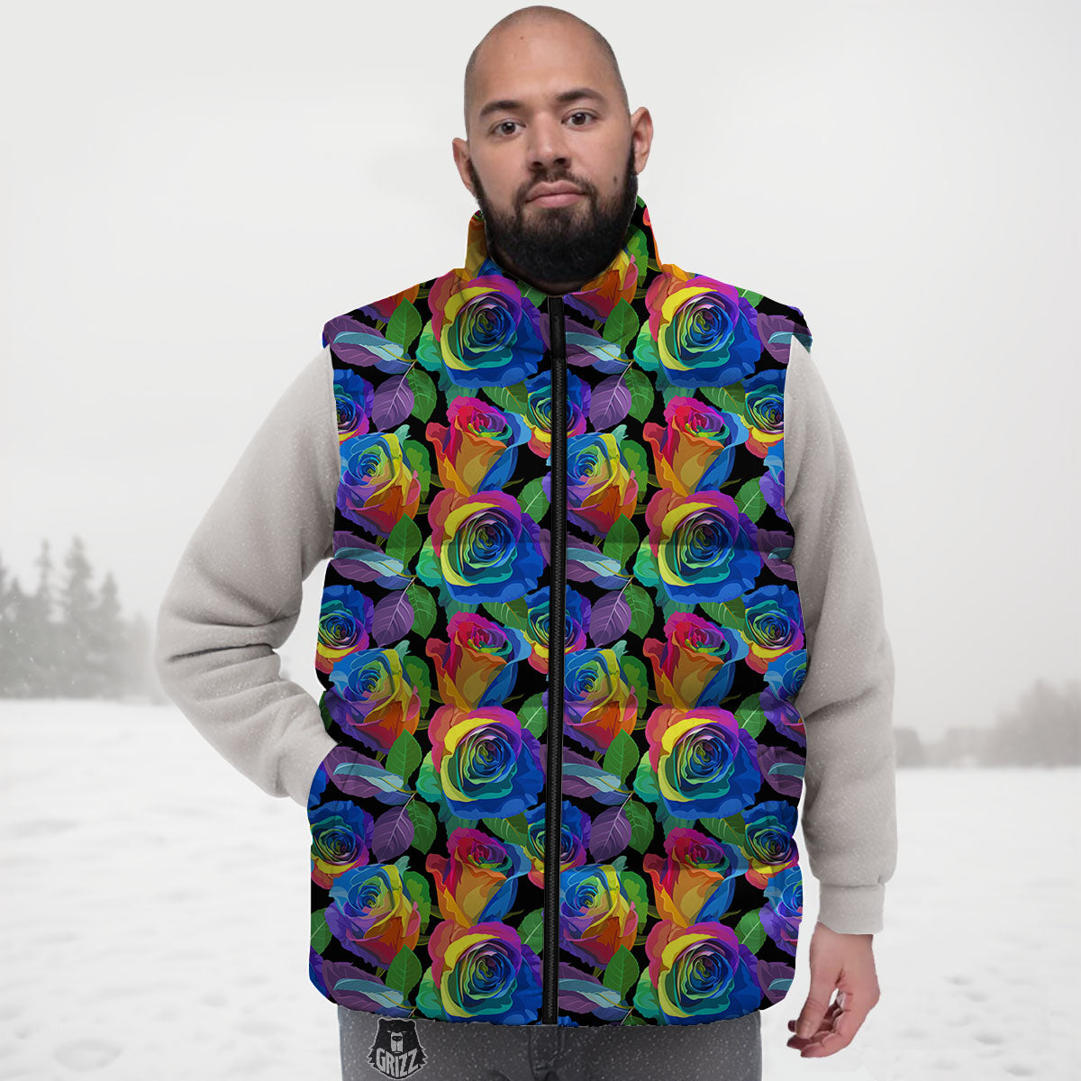 Rainbow Roses LGBT Pride Print Pattern Down Vest