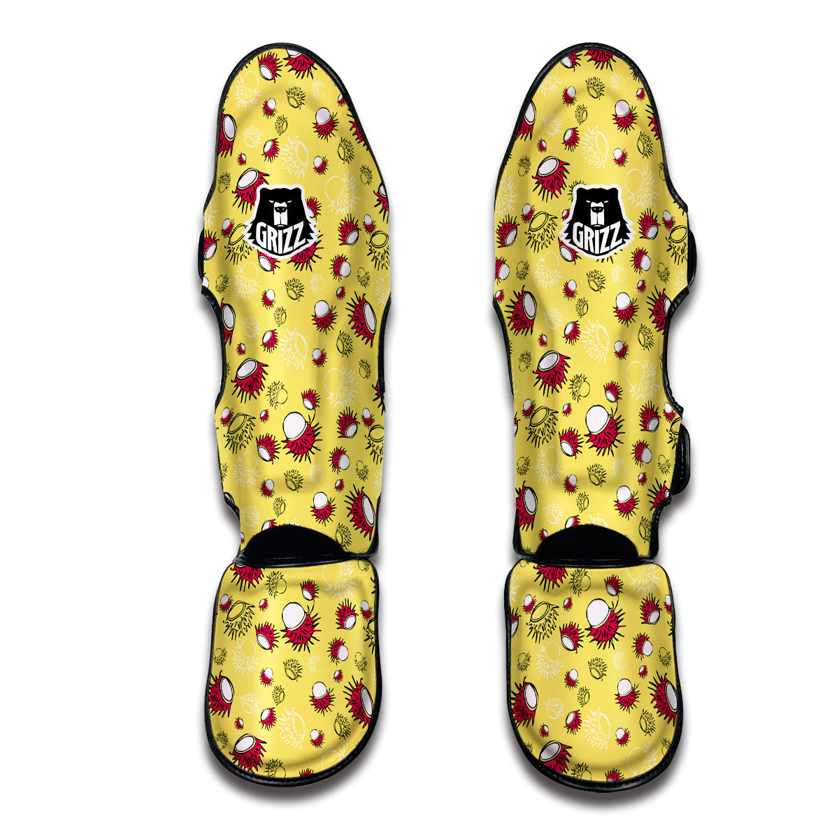 Rambutan Yellow Vintage Print Pattern Muay Thai Shin Guards-grizzshop