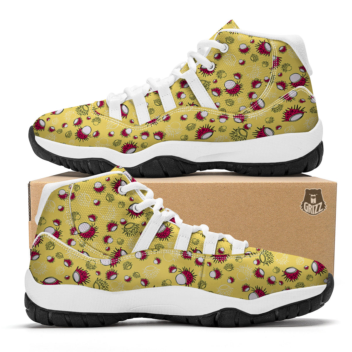 Rambutan Yellow Vintage Print Pattern White Bball Shoes-grizzshop
