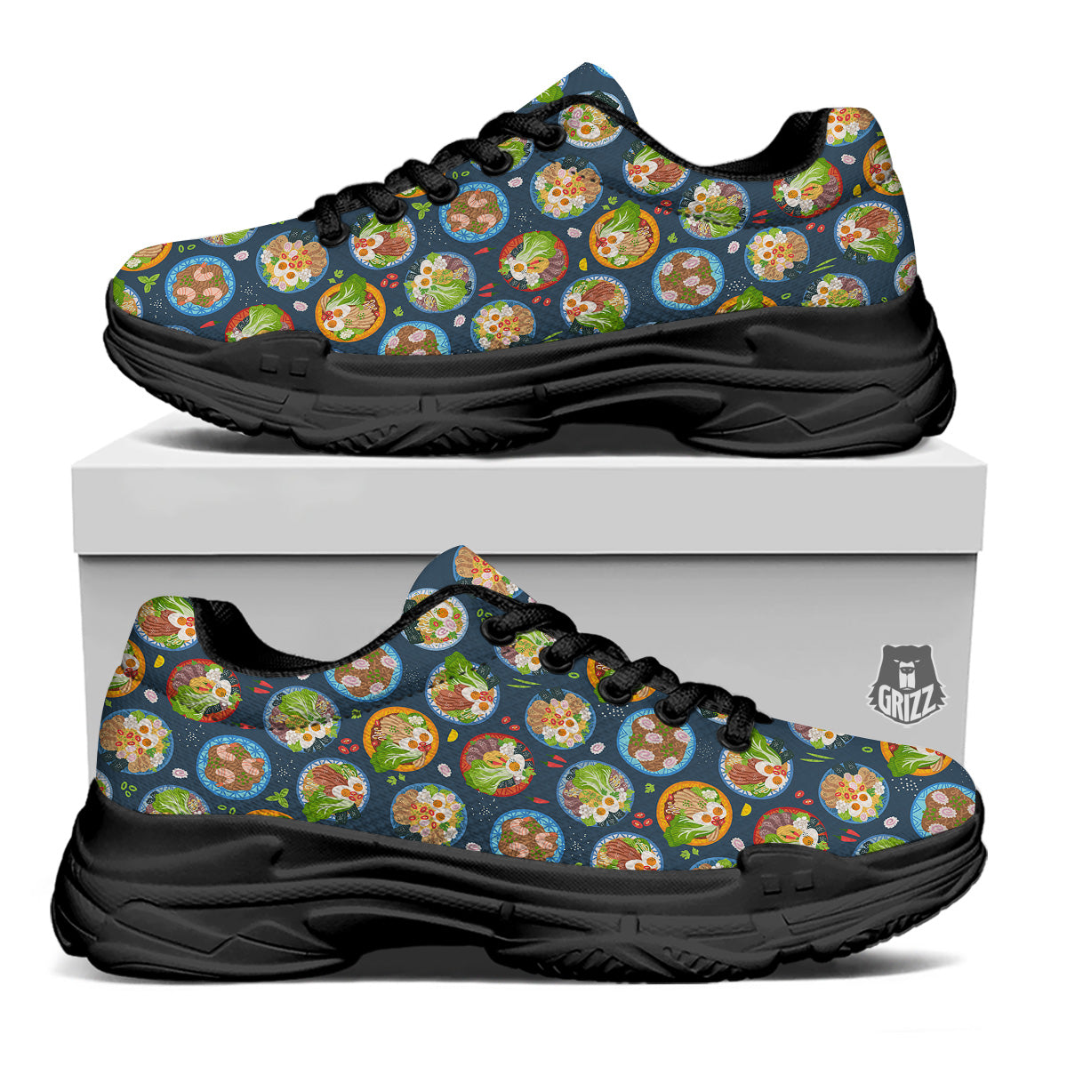 Ramen Udon Noodles In Bowl Print Pattern Black Chunky Shoes-grizzshop