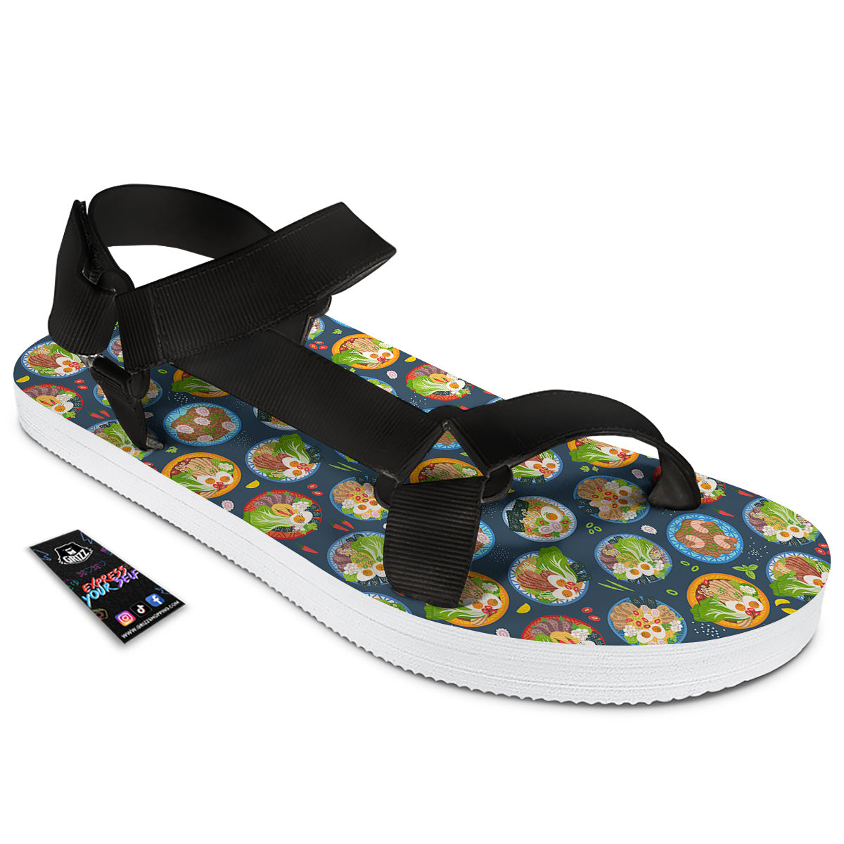 Ramen Udon Noodles In Bowl Print Pattern Black Open Toe Sandals-grizzshop