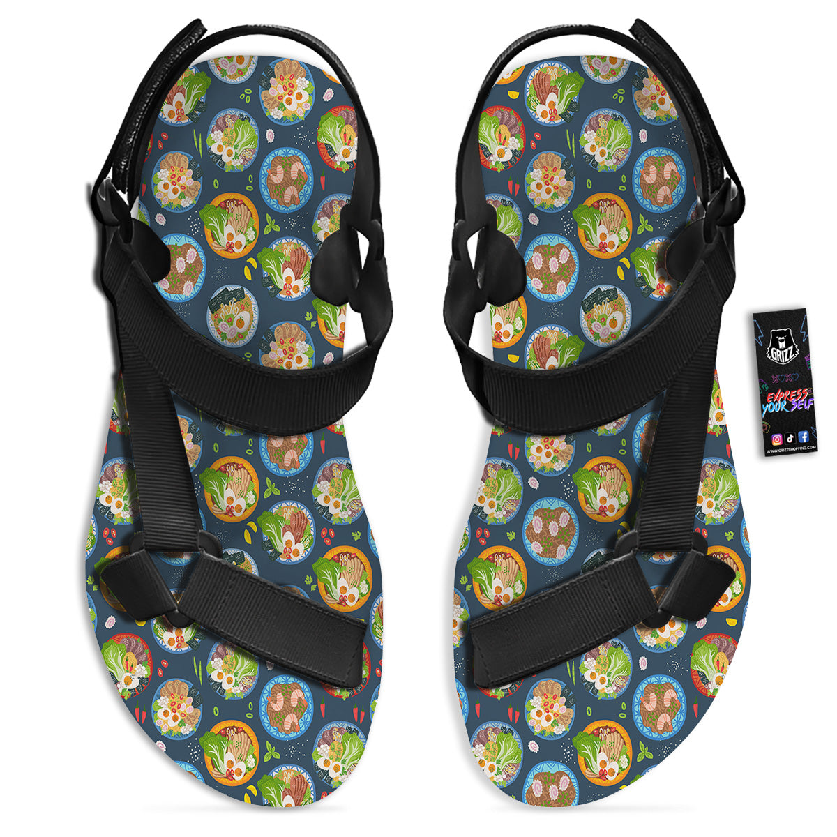 Ramen Udon Noodles In Bowl Print Pattern Black Open Toe Sandals-grizzshop