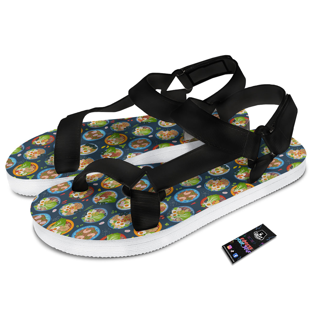 Ramen Udon Noodles In Bowl Print Pattern Black Open Toe Sandals-grizzshop