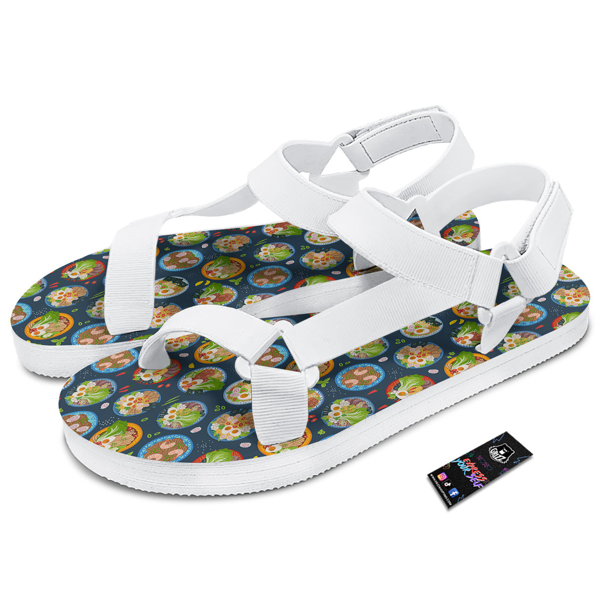 Ramen Udon Noodles In Bowl Print Pattern White Open Toe Sandals-grizzshop