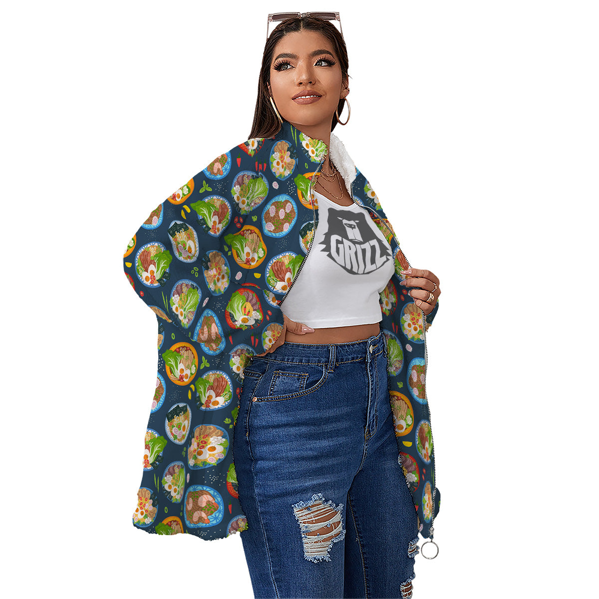 Ramen Udon Noodles In Bowl Print Pattern Women's Sherpa Jacket-grizzshop
