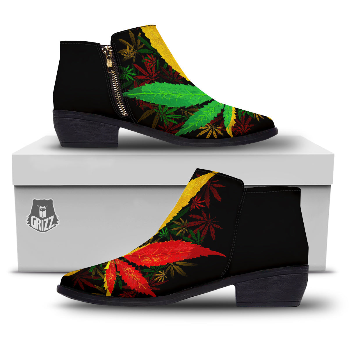 Rasta Cannabis Print Ankle Boots-grizzshop