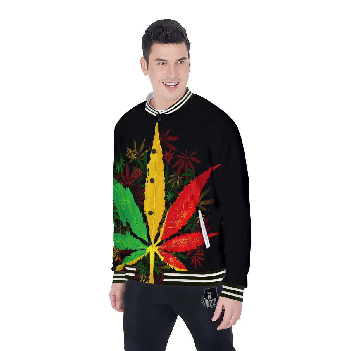 Rasta Cannabis Print Baseball Jacket-grizzshop