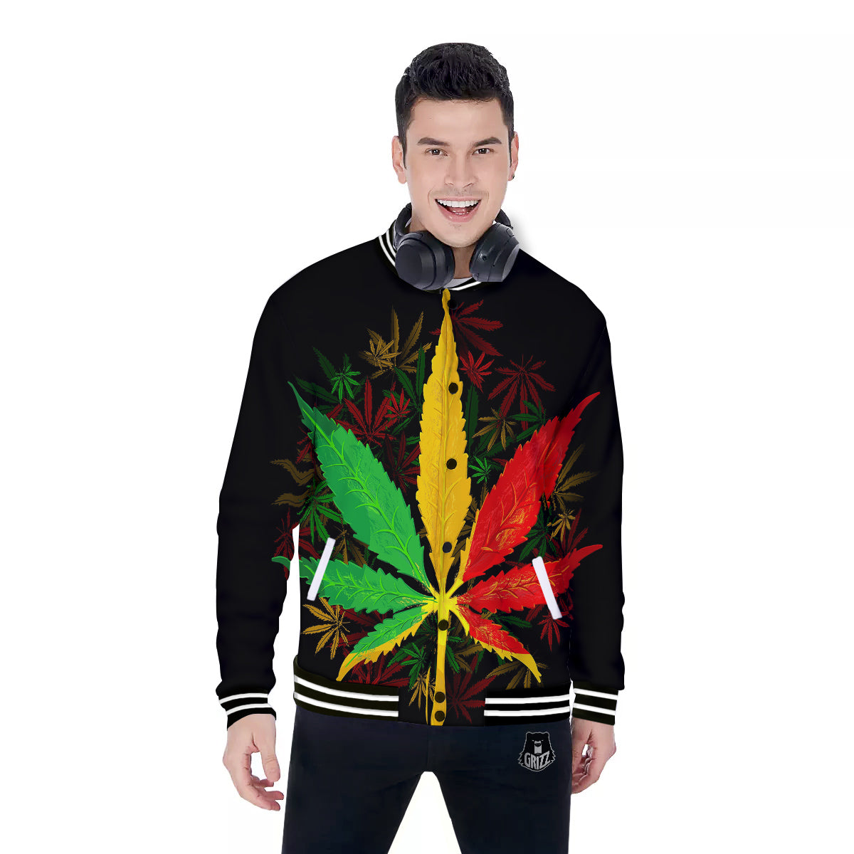 Rasta Cannabis Print Baseball Jacket-grizzshop
