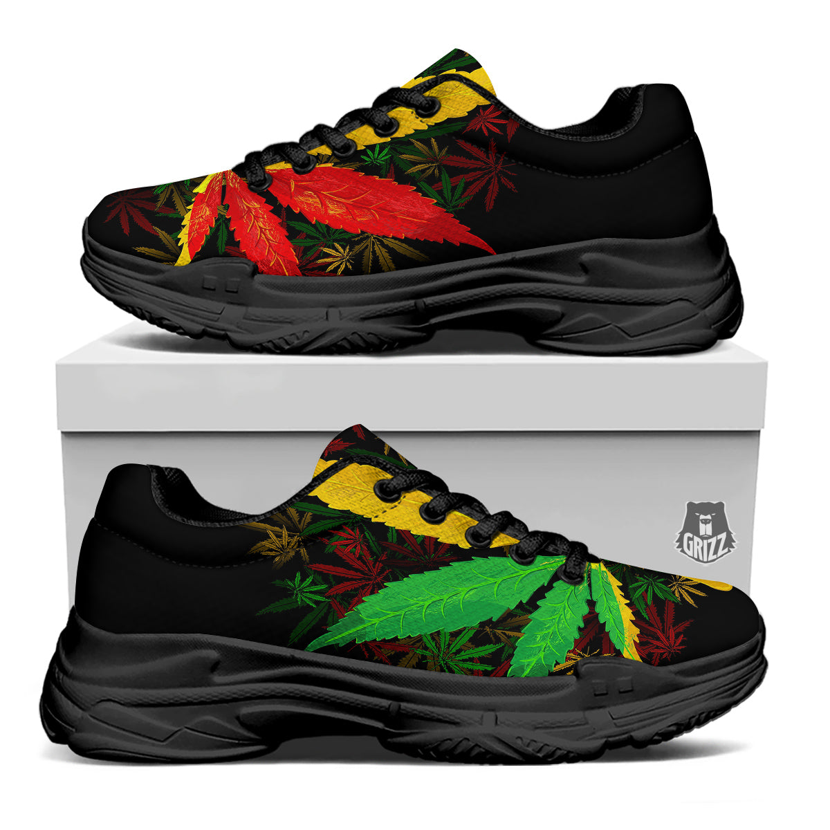 Rasta Cannabis Print Black Chunky Shoes-grizzshop