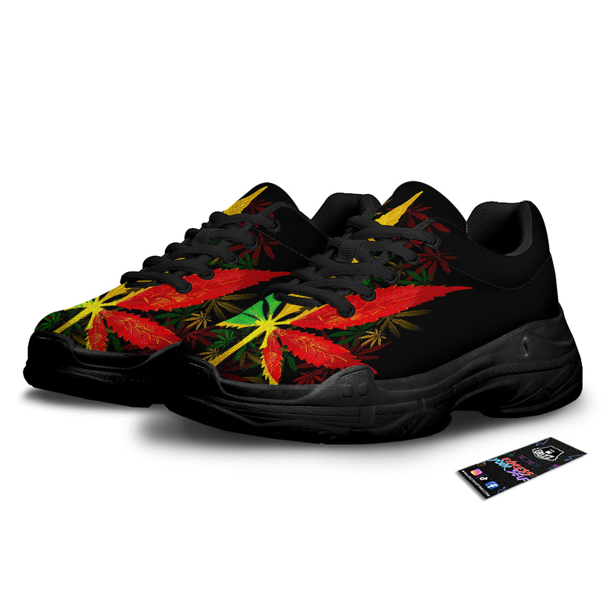 Rasta Cannabis Print Black Chunky Shoes-grizzshop