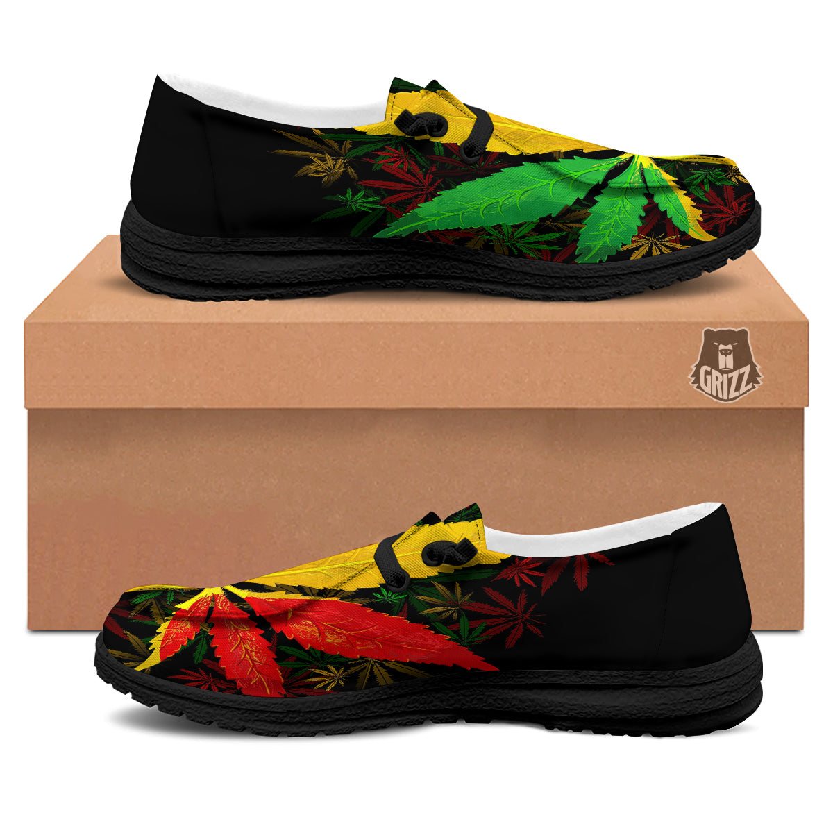 Rasta Cannabis Print Black Loafers-grizzshop