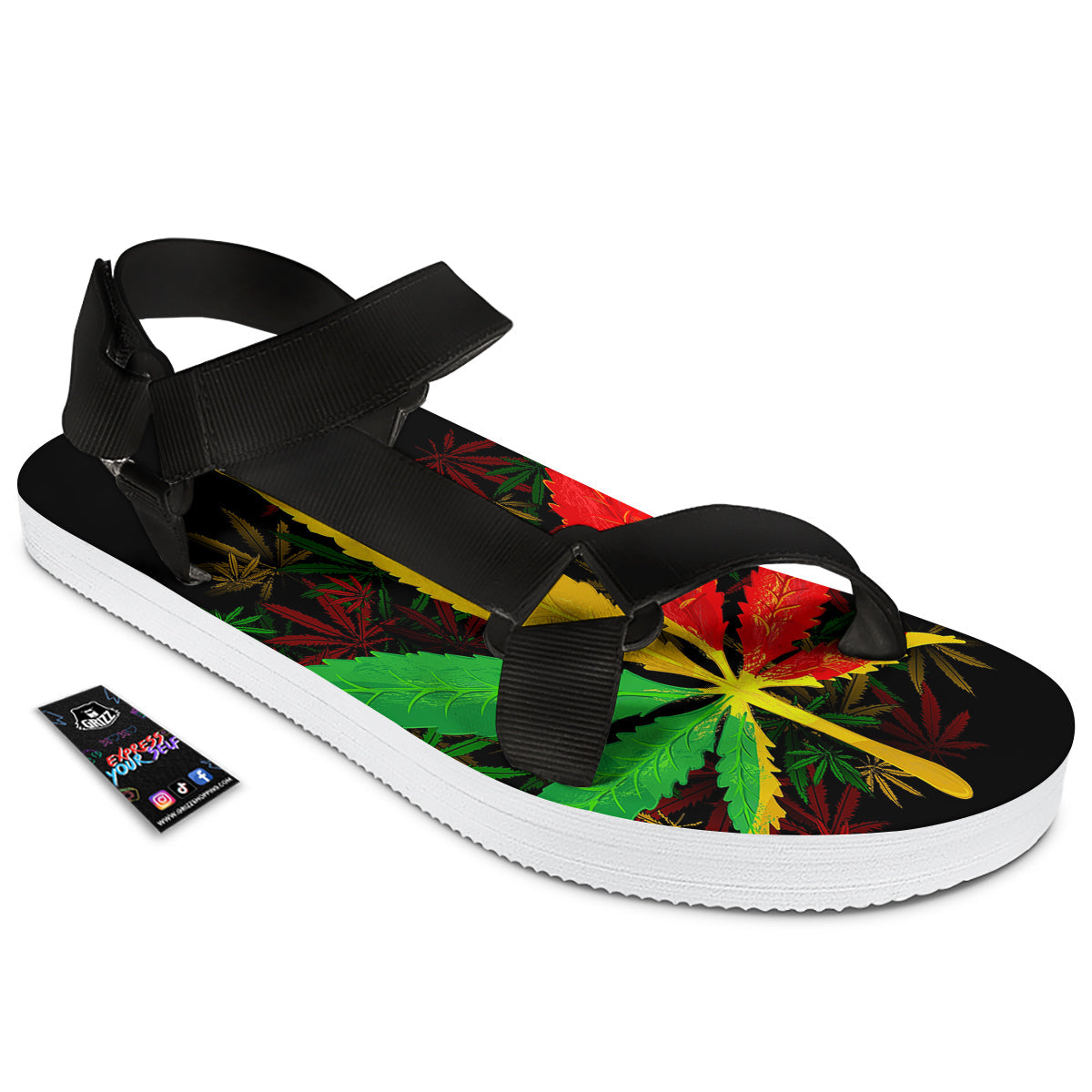 Rasta Cannabis Print Black Open Toe Sandals-grizzshop
