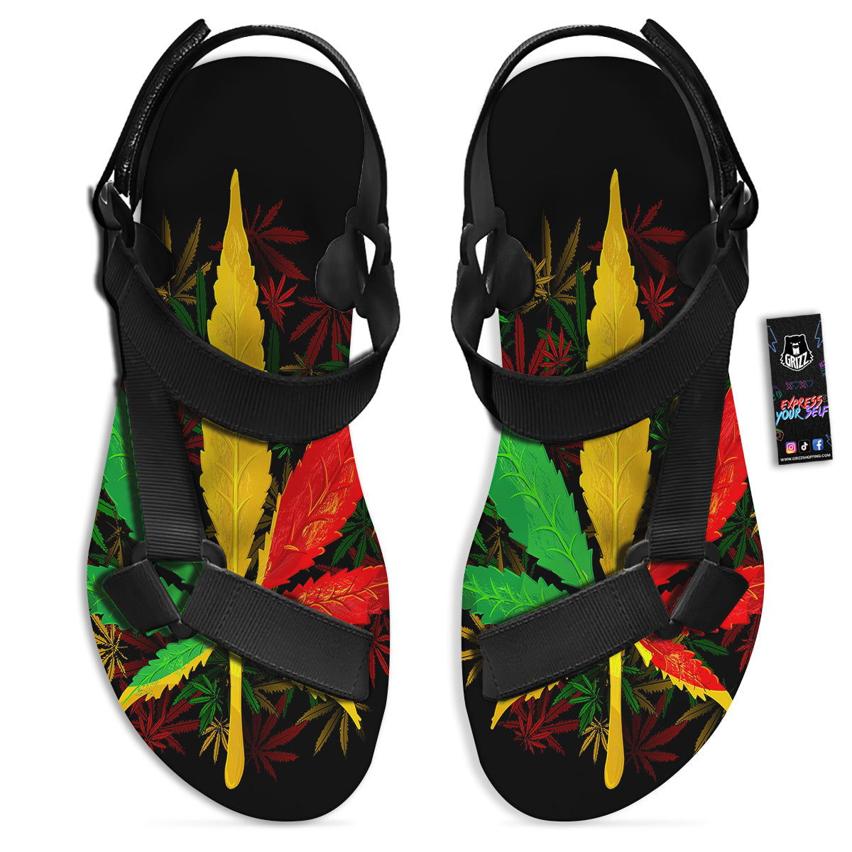 Rasta Cannabis Print Black Open Toe Sandals-grizzshop