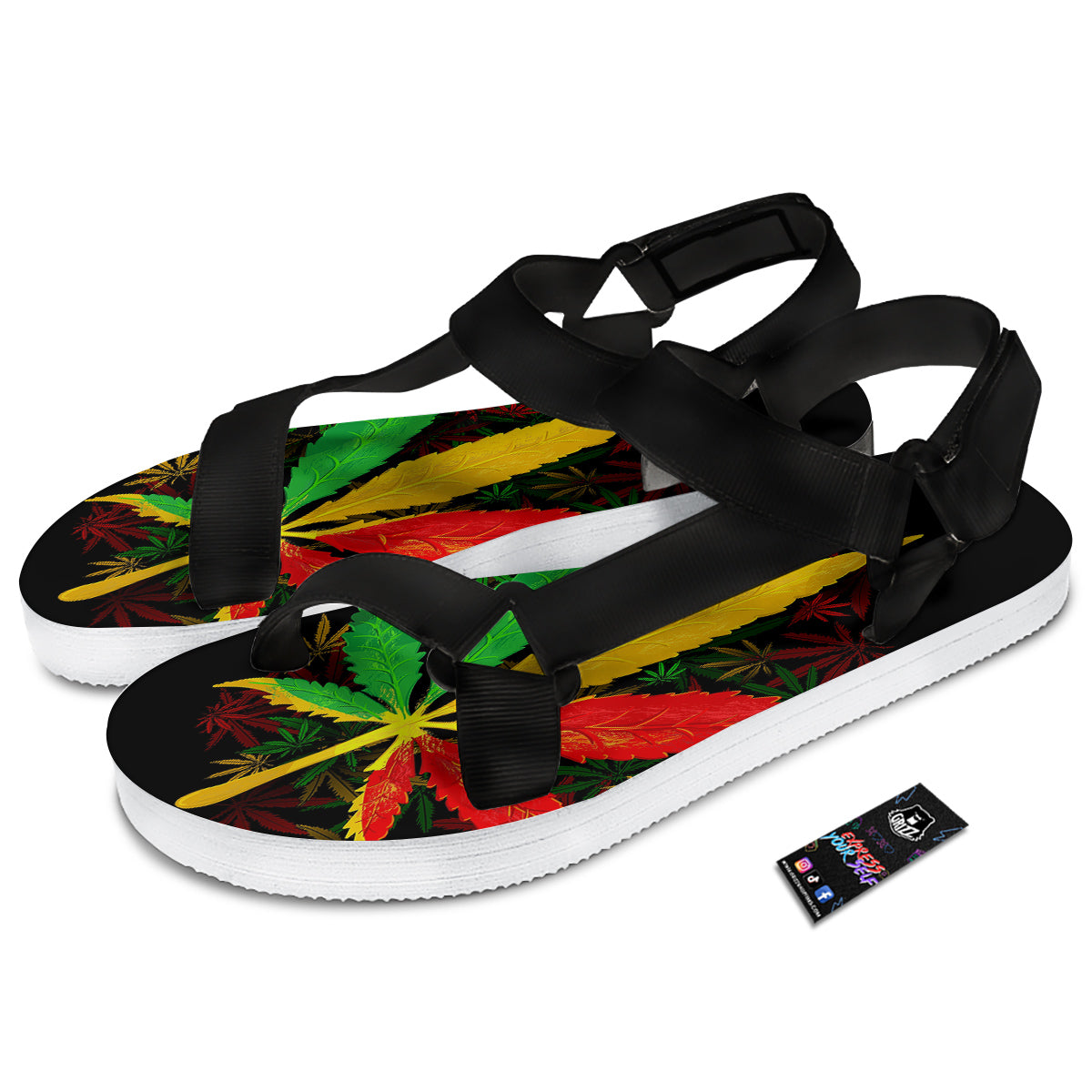 Rasta Cannabis Print Black Open Toe Sandals-grizzshop