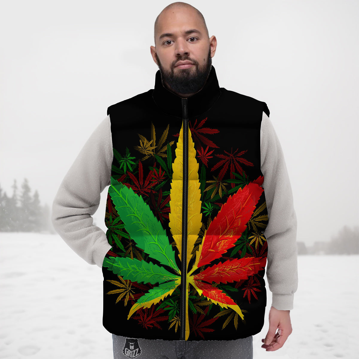 Rasta Cannabis Print Down Vest