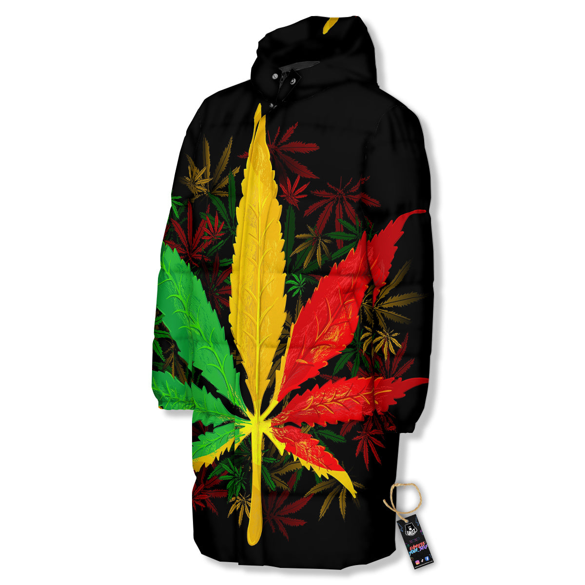 Rasta Cannabis Print Long Down Jacket-grizzshop