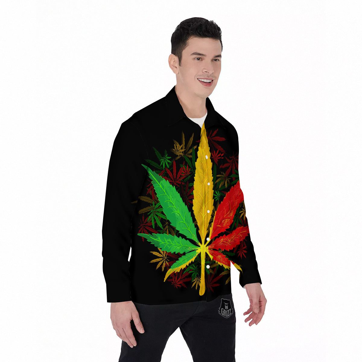 Rasta Cannabis Print Men's Long Sleeve Shirts-grizzshop