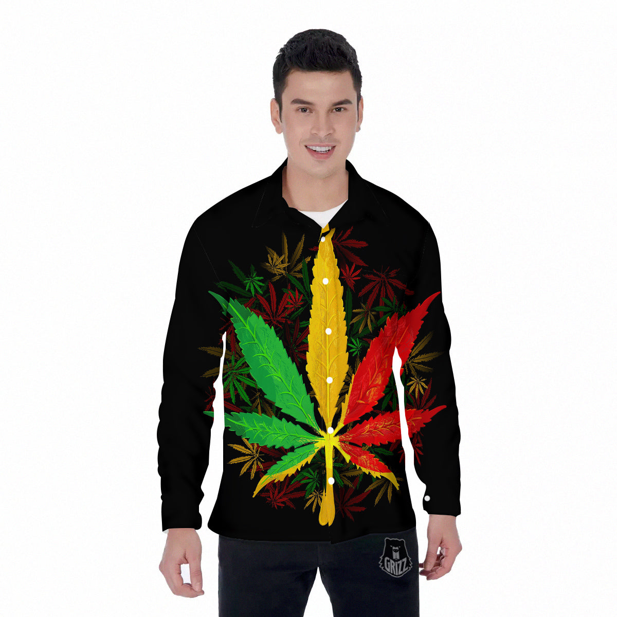 Rasta Cannabis Print Men's Long Sleeve Shirts-grizzshop