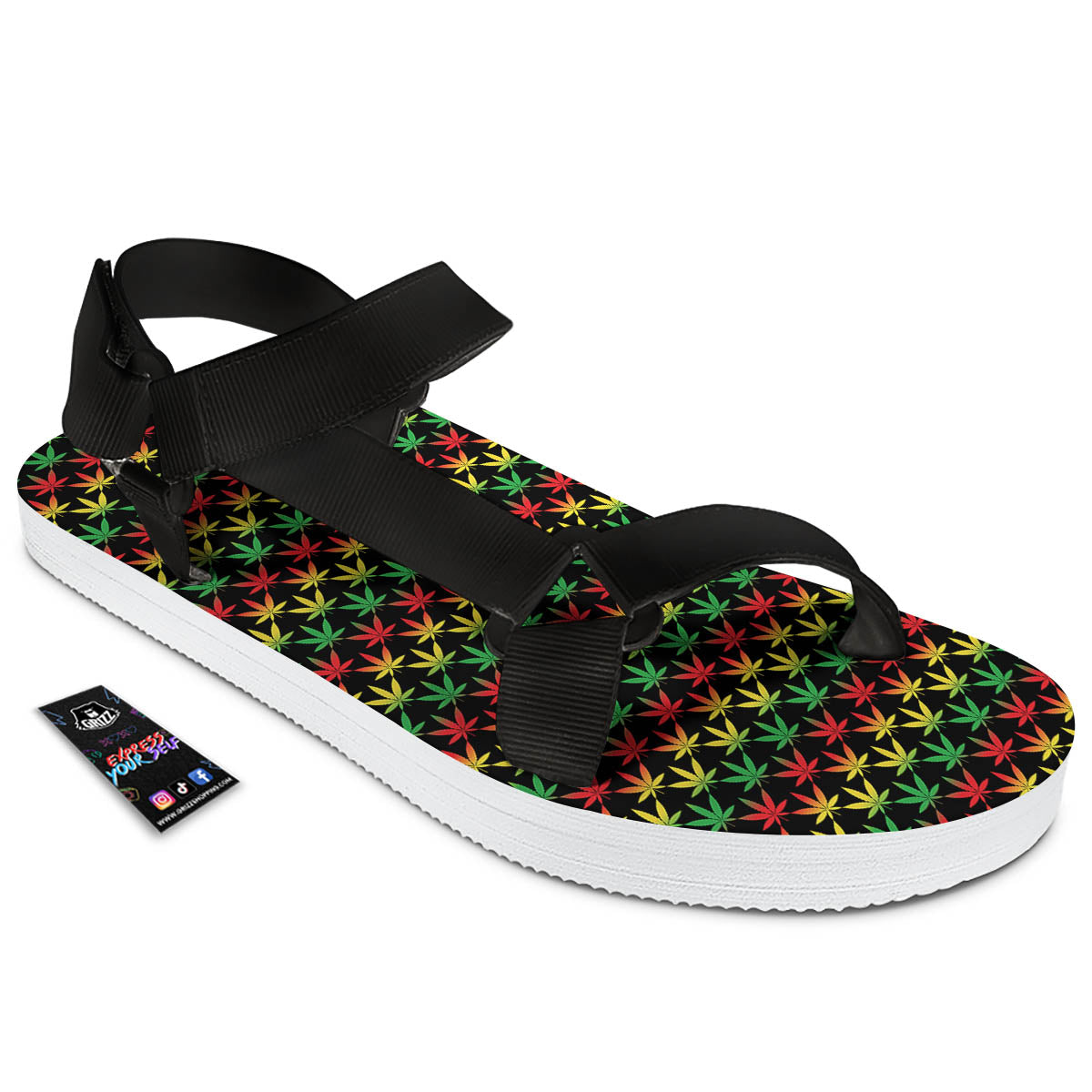Rasta Cannabis Print Pattern Black Open Toe Sandals-grizzshop