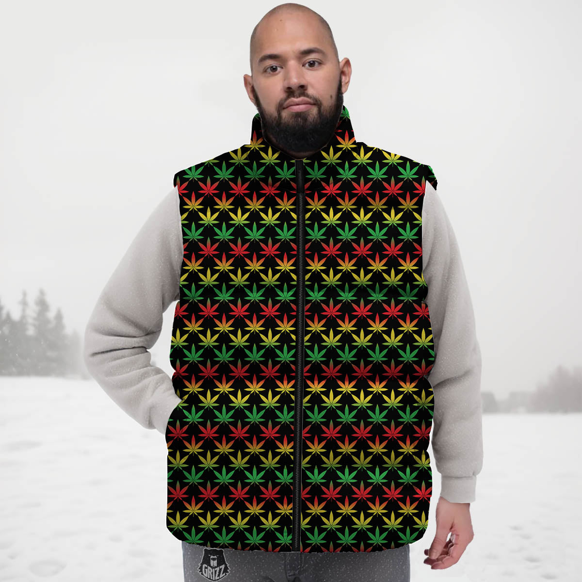 Rasta Cannabis Print Pattern Down Vest