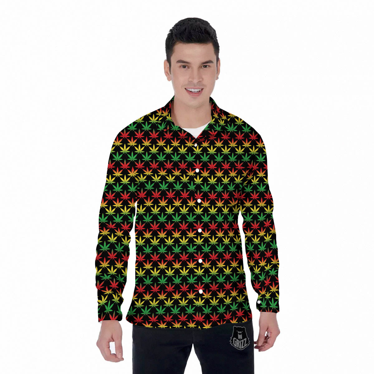 Rasta Cannabis Print Pattern Men's Long Sleeve Shirts-grizzshop