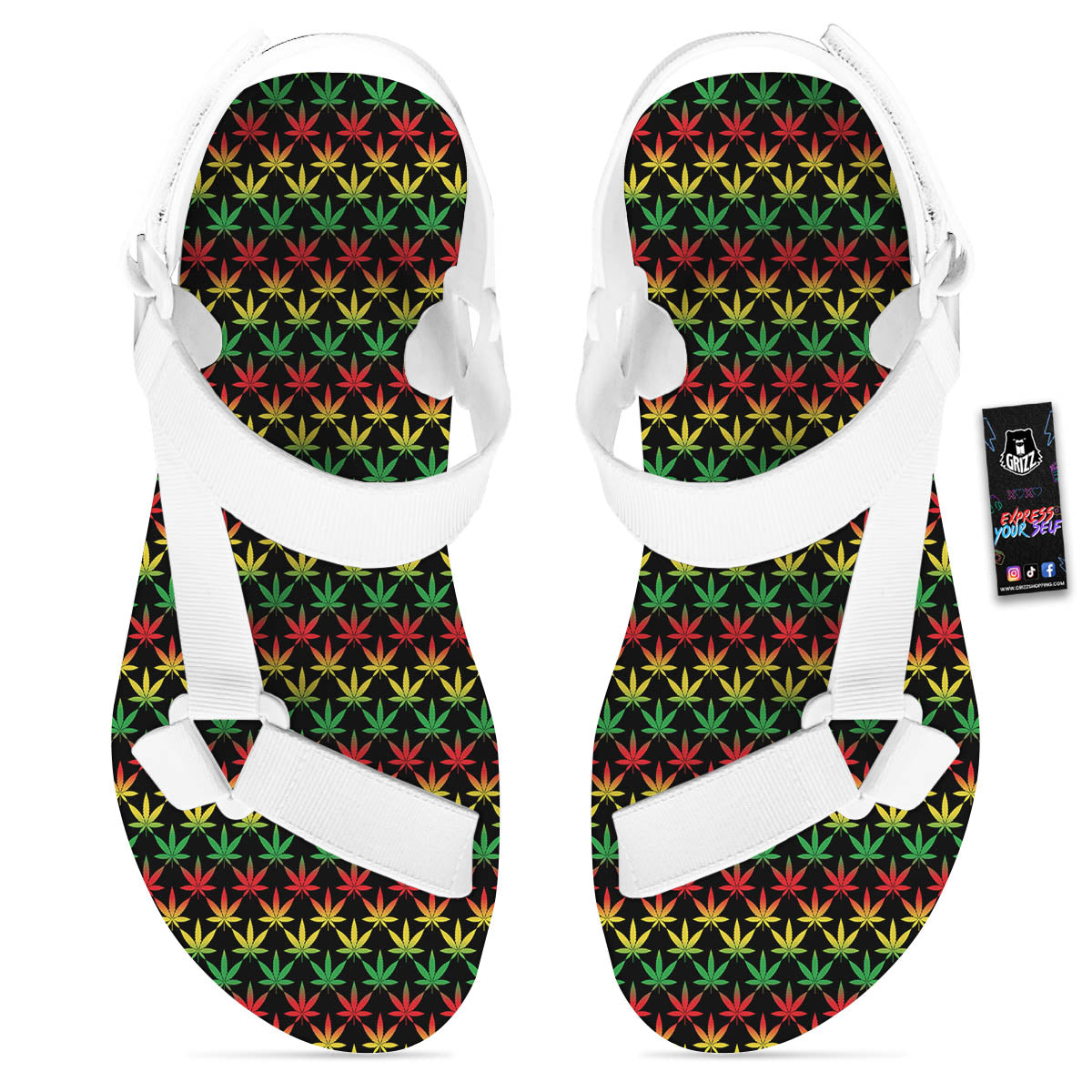Rasta Cannabis Print Pattern White Open Toe Sandals-grizzshop
