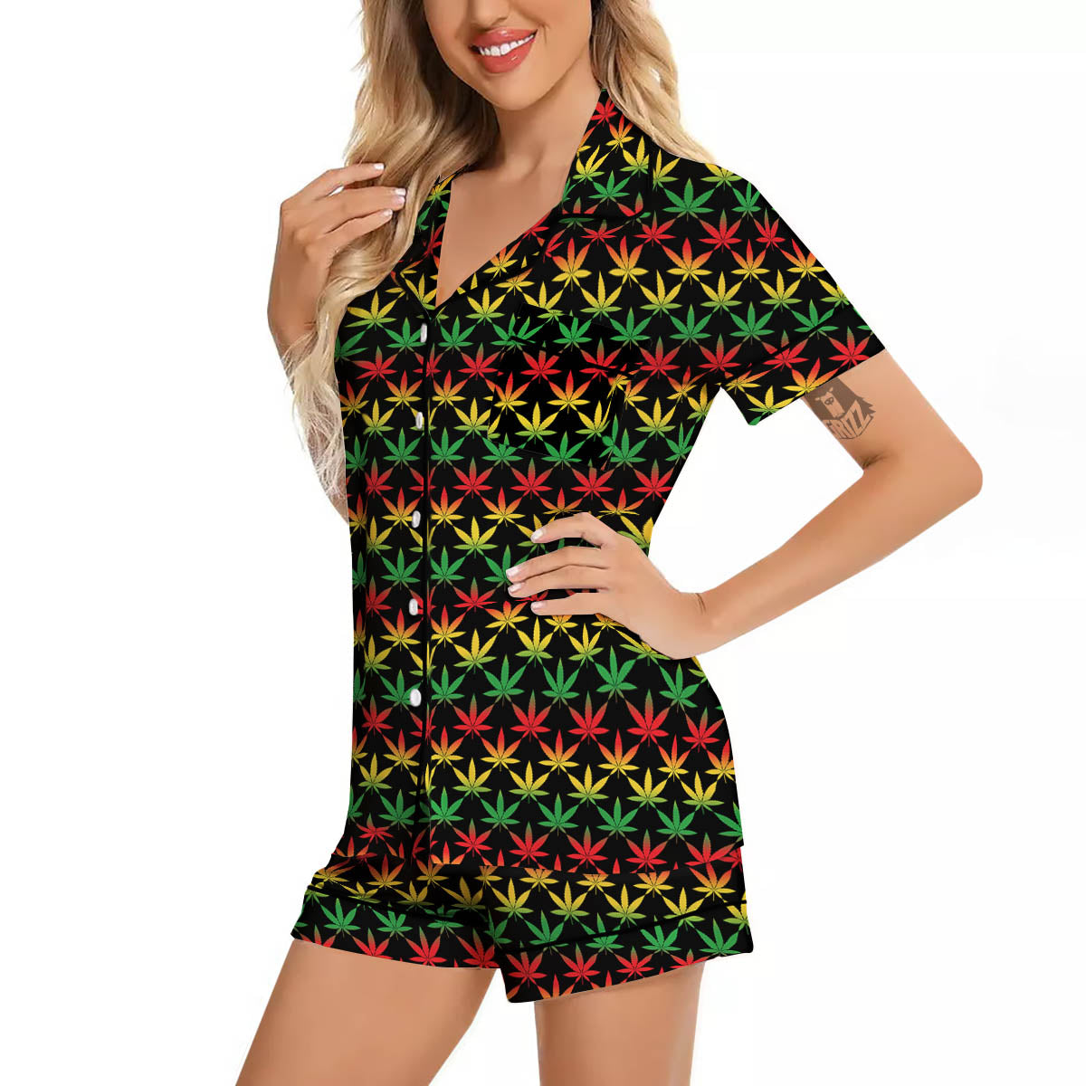 Rasta Cannabis Print Pattern Women Silk Pajamas-grizzshop
