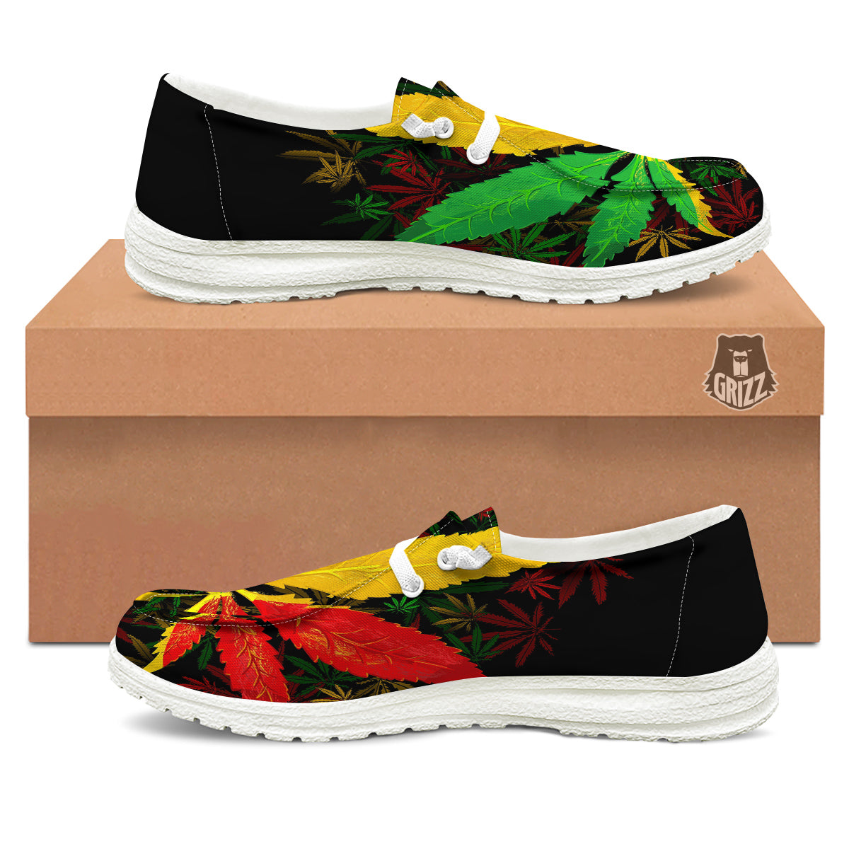 Rasta Cannabis Print White Loafers-grizzshop