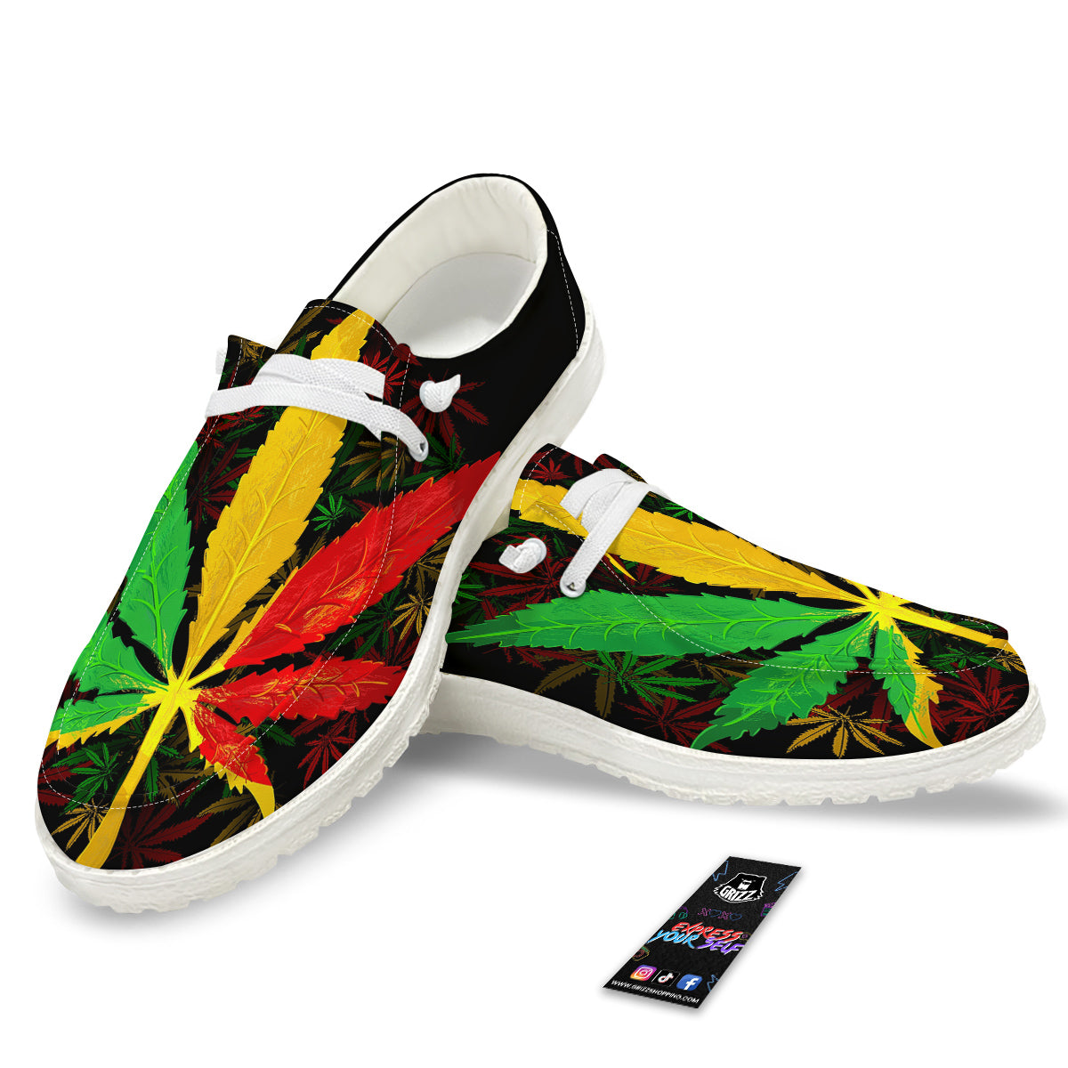 Rasta Cannabis Print White Loafers-grizzshop