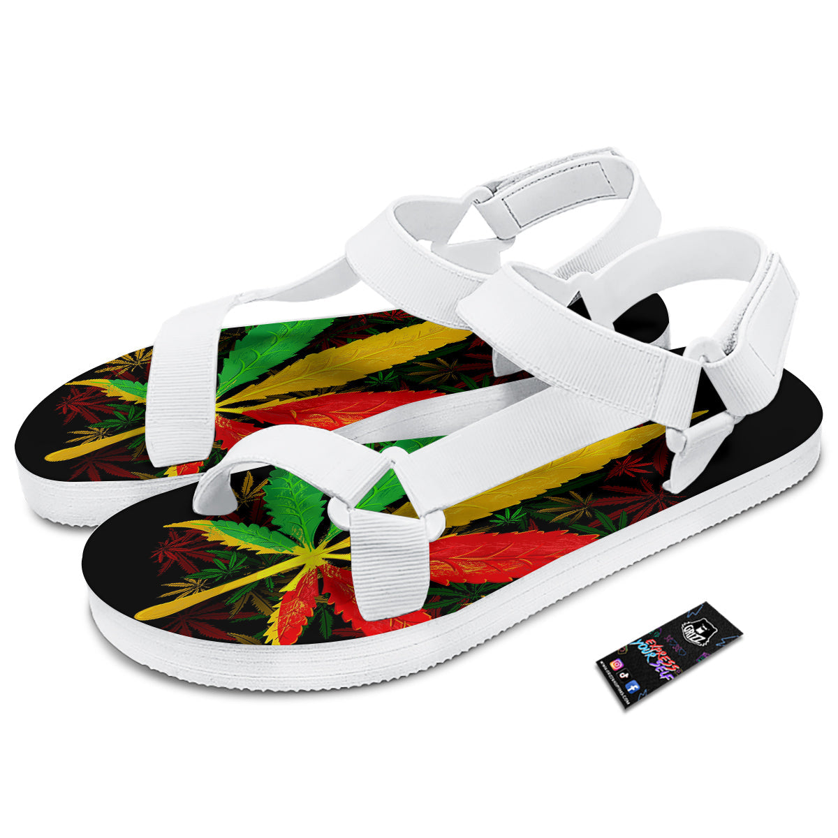 Rasta Cannabis Print White Open Toe Sandals-grizzshop