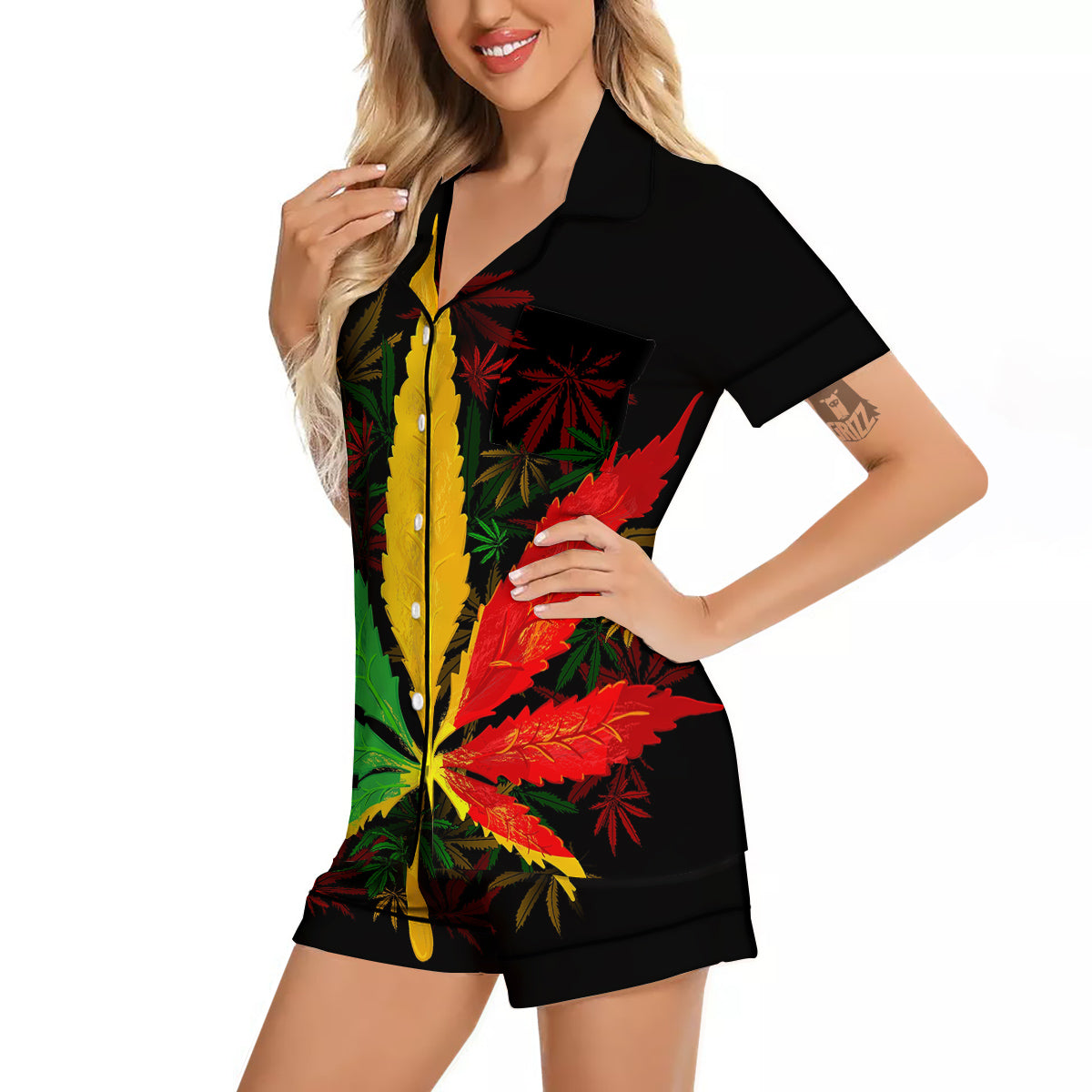 Rasta Cannabis Print Women Silk Pajamas-grizzshop