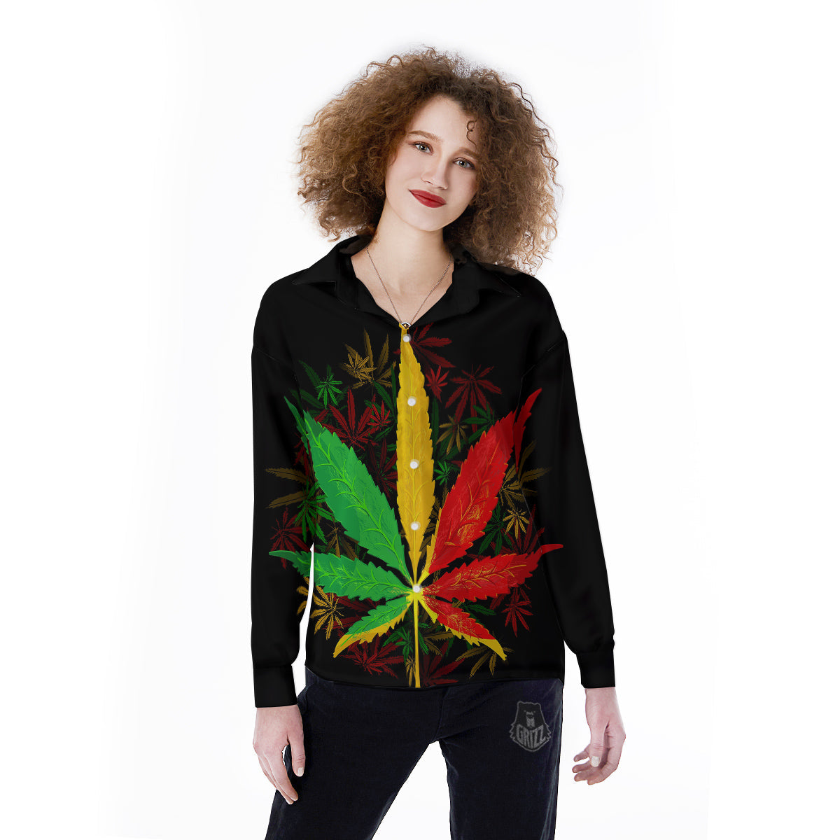 Rasta Cannabis Print Women's Long Sleeve Shirts-grizzshop