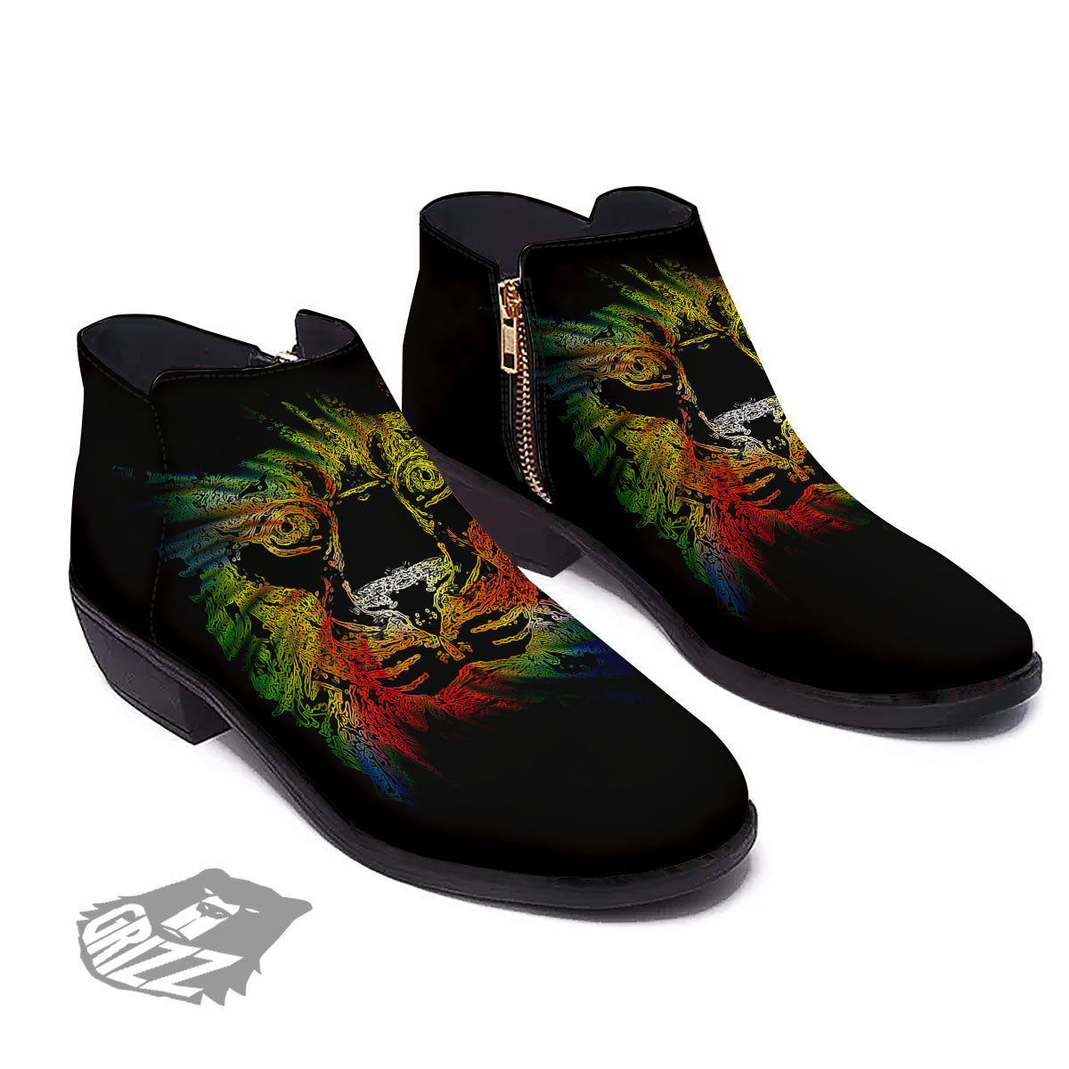 Rasta Lion Grunge Print Ankle Boots-grizzshop
