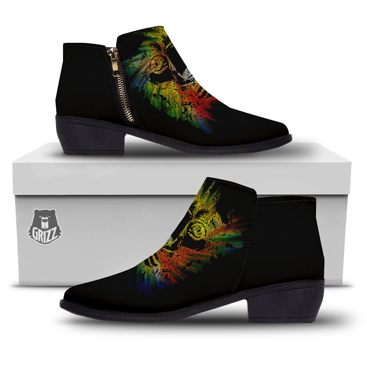 Rasta Lion Grunge Print Ankle Boots-grizzshop
