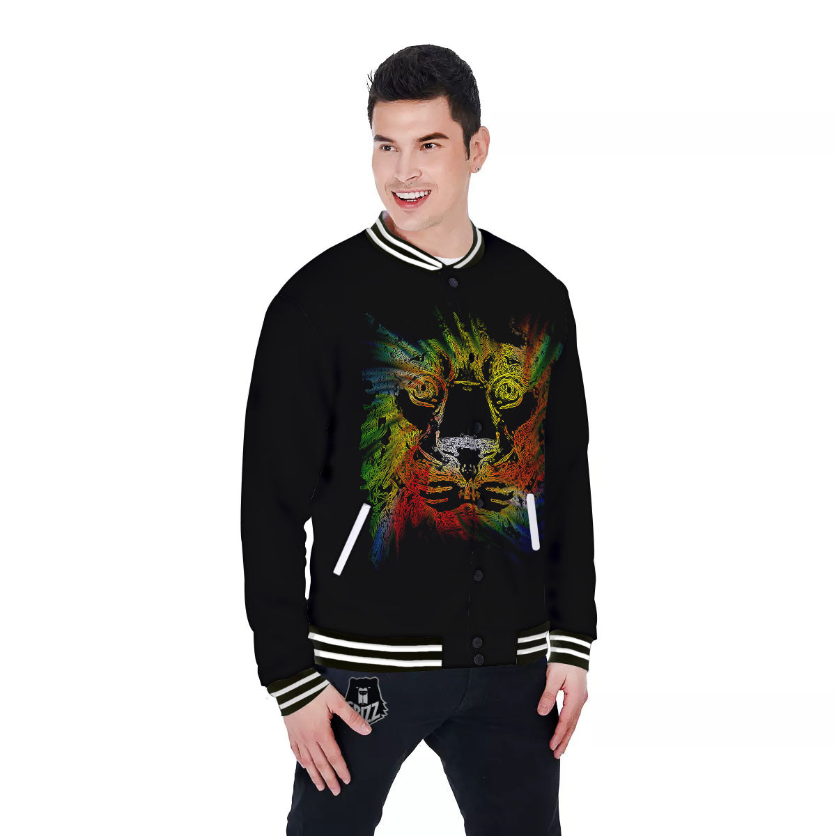 Rasta Lion Grunge Print Baseball Jacket-grizzshop