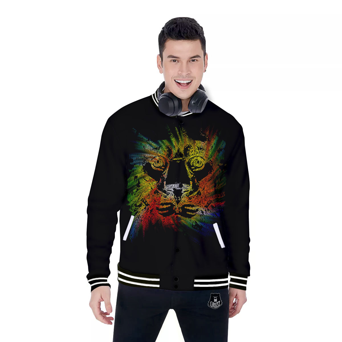 Rasta Lion Grunge Print Baseball Jacket-grizzshop