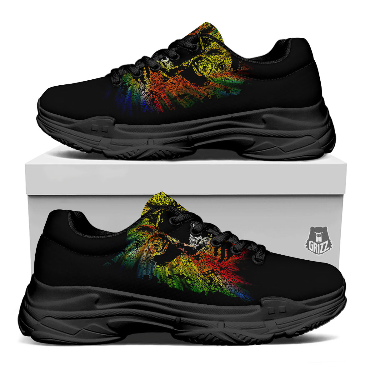 Rasta Lion Grunge Print Black Chunky Shoes-grizzshop